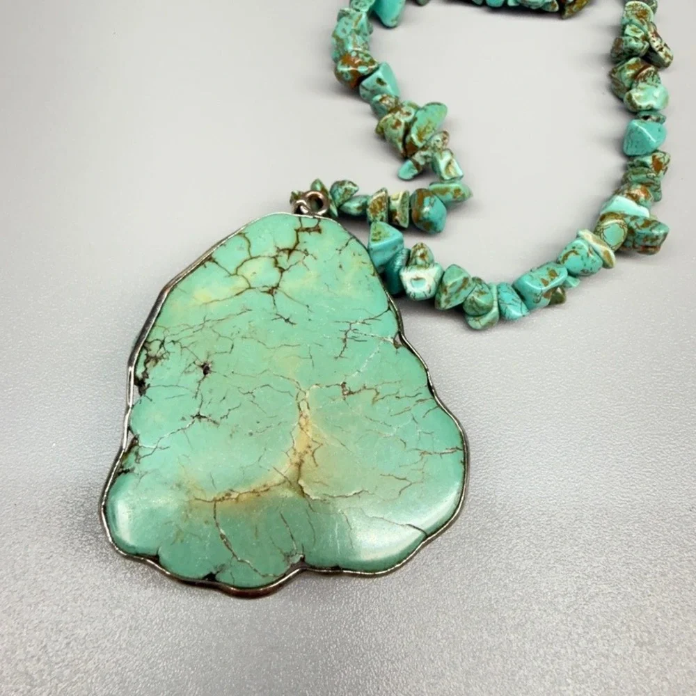 Large Chunky Turquoise Nugget and Chip Pendant Necklace 18